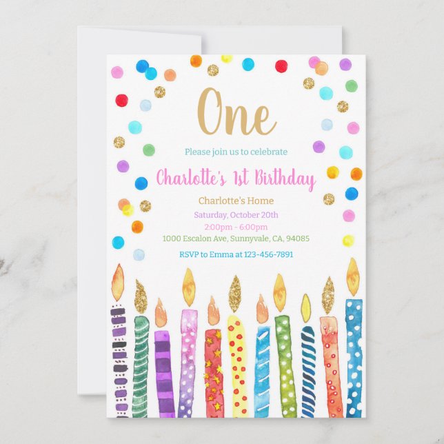 Invitación Cumpleaños 1 pastel arcoíris confeti (Anverso)