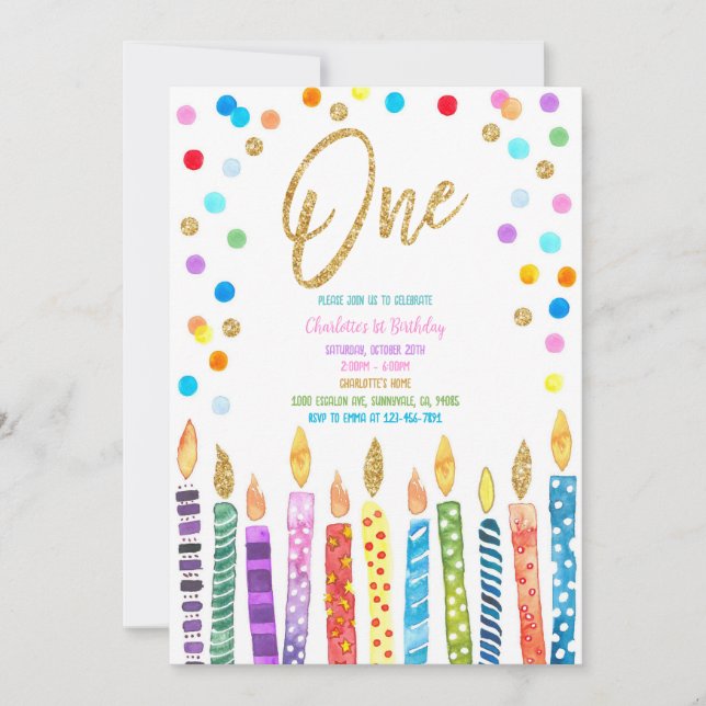 Invitación Cumpleaños 1 pastel arcoíris de vela confeti (Anverso)