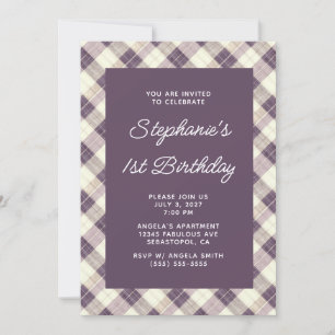 Invitación Cumpleaños 1 pastel de tela de cuadros ciruela