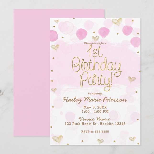 Invitación Cumpleaños 1 Pink Gold Blanco Lunares y Corazones (Anverso / Reverso)
