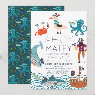 Invitación Cumpleaños 1 pirata Ahoy Matey Animales Marinos