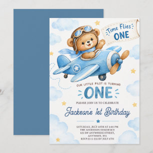 Invitación Cumpleaños 1 Teddy Bear Avión Azul El Tiempo Vuela