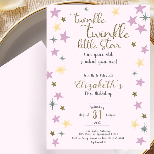 Invitación Cumpleaños 1 Twinkle Little Star Rosa Niña (Subido por el creador)