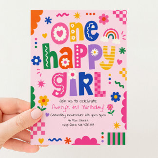 Invitación Cumpleaños 1 Una niña feliz Colorido Brillante