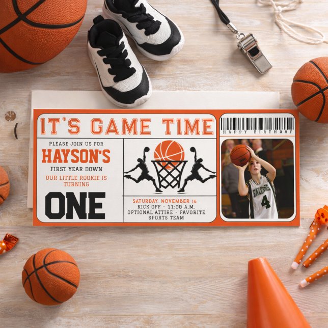 Invitación Cumpleaños 1er Año Baloncesto Entrada Primer Año  (Basketball First Year Down Ticket 1st Birthday Invitation)