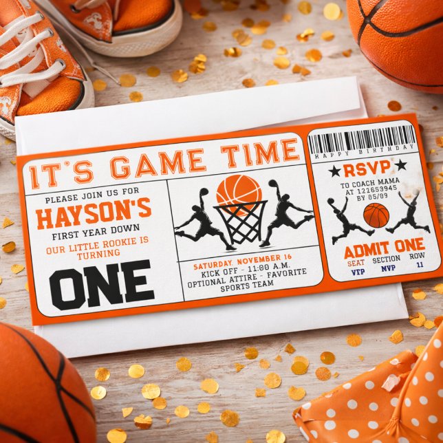 Invitación Cumpleaños 1er año de baloncesto Entrada 1er cumpl (Basketball First Year Down Ticket 1st Birthday Invitation)