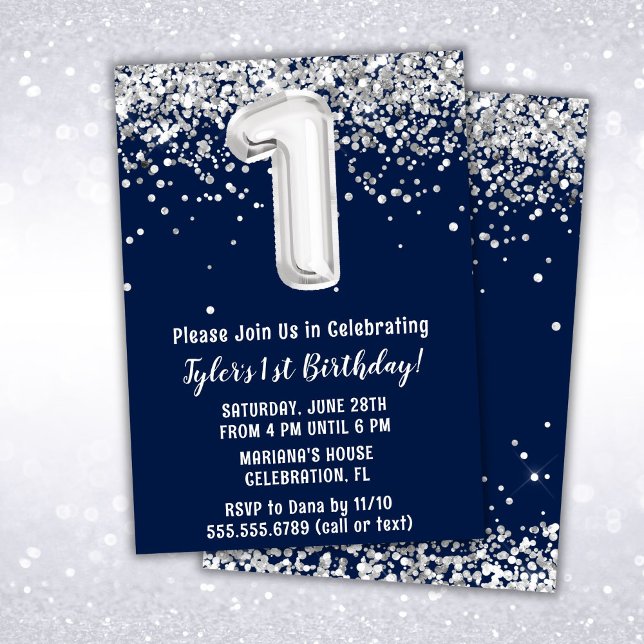 Invitación Cumpleaños 1er año Navy Blue Silver (Subido por el creador)