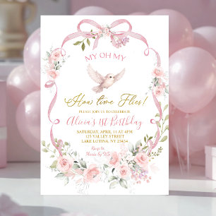 Invitación Cumpleaños 1er Arco Floral Rosa Coquette Pájaro
