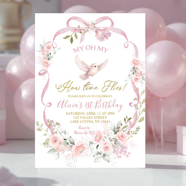 Invitación Cumpleaños 1er Arco Floral Rosa Coquette Pájaro (Subido por el creador)