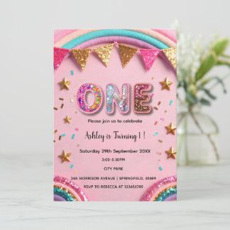 Invitación Cumpleaños 1er Arcoíris Rosa Secuencia Arcoíris Ni