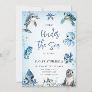 Invitación Cumpleaños 1er Bajo el Mar Océano Azul Niño