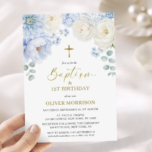 Invitación Cumpleaños 1er Bautizo Niño Azul Floral Dorado Ele