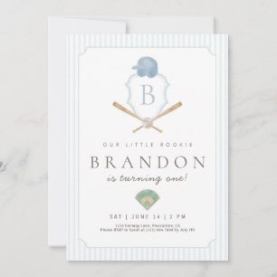 Invitación Cumpleaños 1er Blue Baseball Preppy Crest