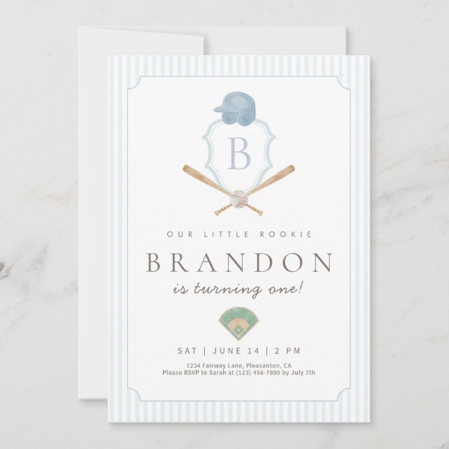 Invitación Cumpleaños 1er Blue Baseball Preppy Crest  (Anverso)
