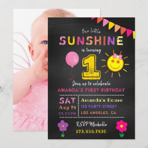 Invitación Cumpleaños 1er Chalkboard Niña Pequeña Partido Sun