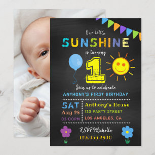Invitación Cumpleaños 1er Chalkboard Niño Pequeño Partido Sol