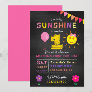 Invitación Cumpleaños 1er Chalkboard Pequeña Niña Party Sunsh