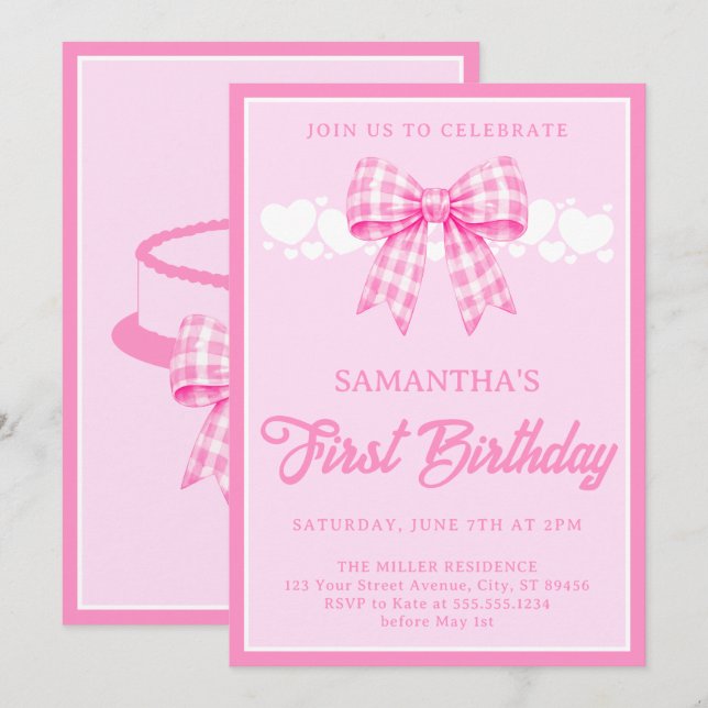 Invitación Cumpleaños 1er con Lazo de Cuadro Rosa (Anverso / Reverso)