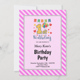 Invitación Cumpleaños 1er con rayas rosadas enmarcado