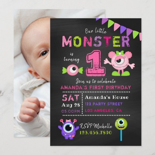 Invitación Cumpleaños 1er Cumpleaños Niña Monstruo Pequeño Fi (Anverso / Reverso)