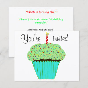 Invitación Cumpleaños 1er Cupcake Verde Cualquier EDAD