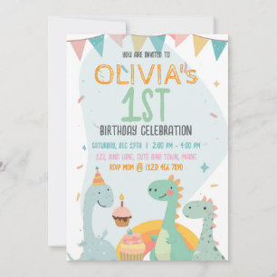 Invitación Cumpleaños 1er de Bebé Dinosaurio Pastel Divertido