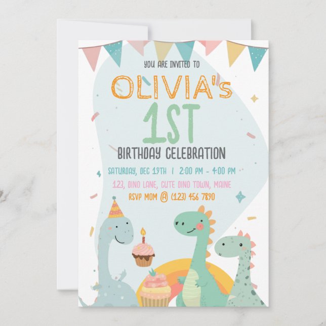 Invitación Cumpleaños 1er de Bebé Dinosaurio Pastel Divertido (Anverso)