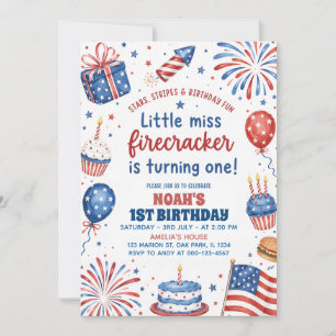 Invitación Cumpleaños 1er de Little Miss Firecracker 4 de Jul
