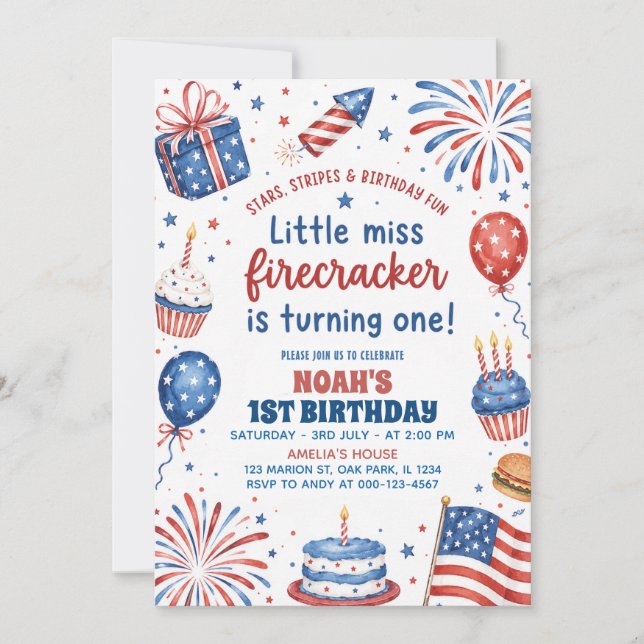 Invitación Cumpleaños 1er de Little Miss Firecracker 4 de Jul (Anverso)