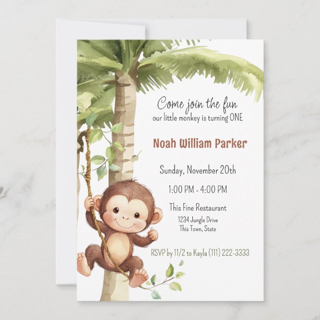 Invitación Cumpleaños 1er de mono Selva (Anverso)