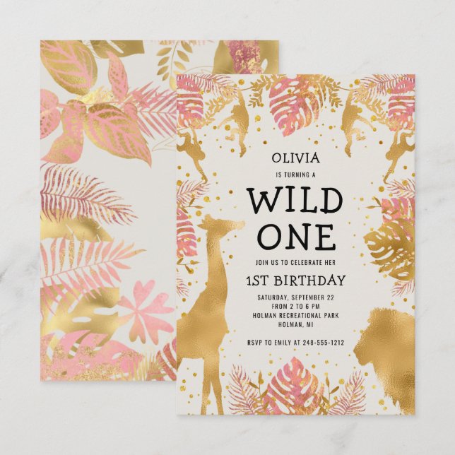 Invitación Cumpleaños 1er de Niñas Rosa Ecru Safari (Anverso / Reverso)