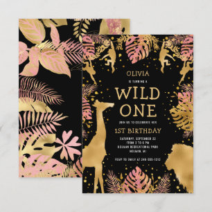 Invitación Cumpleaños 1er de Niñas Rosa y Negro Safari