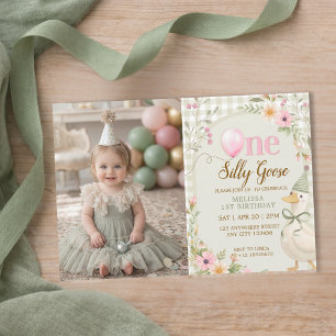 Invitación Cumpleaños 1er de One Silly Goose Gingham Floral G