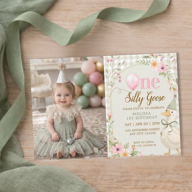 Invitación Cumpleaños 1er de One Silly Goose Gingham Floral G (Subido por el creador)