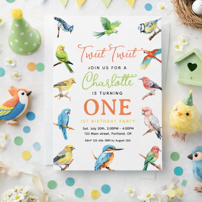 Invitación Cumpleaños 1er de Pajarito Adorable | Fiesta de Be (Cute Bird 1st Birthday Party Invitation)