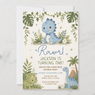 Invitación Cumpleaños 1er Dino Selva Arco Azul Rawr Dinosauri