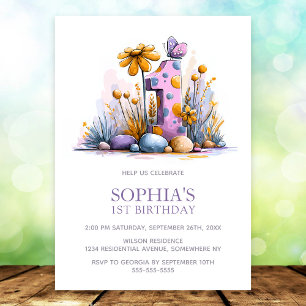 Invitación Cumpleaños 1er Fiesta de Mariposas Flores Rosa Púr