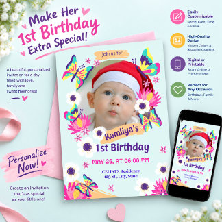 Invitación Cumpleaños 1er Foto Mariposa Floral Verde Púrpura