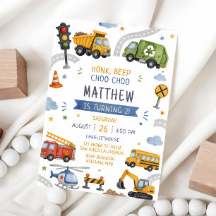 Invitación Cumpleaños 1er Honk Beep Choo Choo Camiones Coches