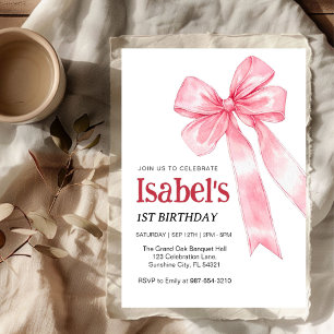 Invitación Cumpleaños 1er lazo rosa, Elegante 1er cinta rosa