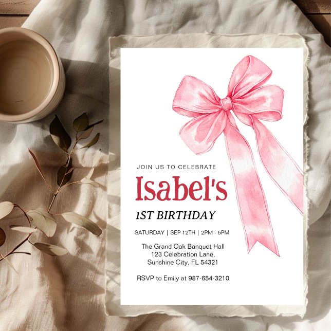 Invitación Cumpleaños 1er lazo rosa, Elegante 1er cinta rosa (Subido por el creador)