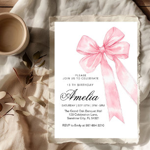 Invitación Cumpleaños 1er lazo rosa, Niña elegante dulce Rosa