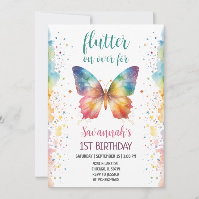 Invitación Cumpleaños 1er Mariposa Arcoíris Revolotea (Anverso)