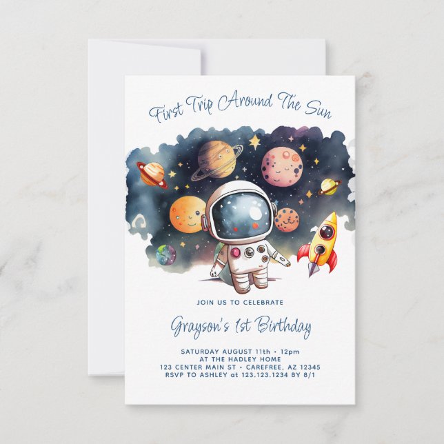 Invitación Cumpleaños 1er Niño Planetas Espacio Exterior (Anverso)