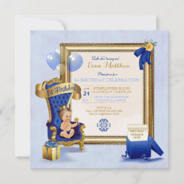 Invitación Cumpleaños 1er Príncipe Niño Azul Real Dorado Foto