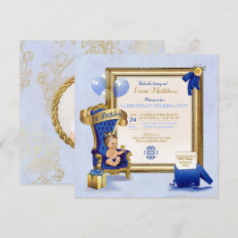 Invitación Cumpleaños 1er Príncipe Niño Azul Real Dorado Foto