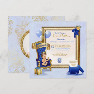 Invitación Cumpleaños 1er Príncipe Niño Azul Real Dorado Foto
