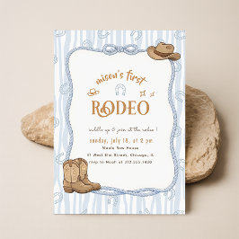 Invitación Cumpleaños 1er Rodeo Vaquero Cuadro Azul Retro