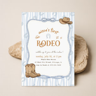 Invitación Cumpleaños 1er Rodeo Vaquero Cuadro Azul Retro