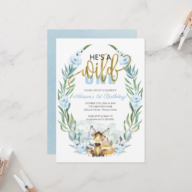 Invitación Cumpleaños 1er Salvaje Greenery Woodland (Anverso/Reverso In Situ)